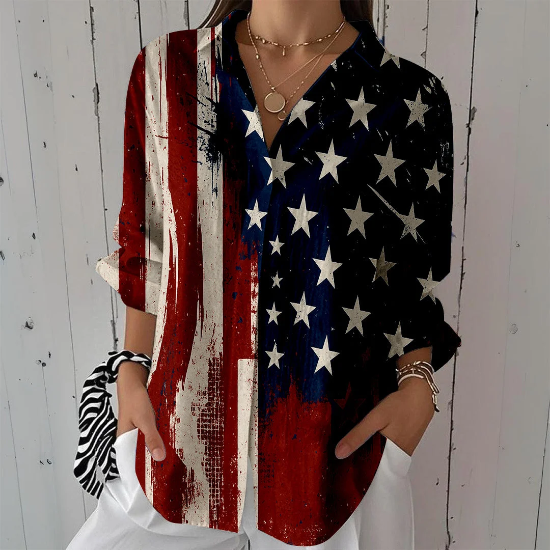 Style & Comfort for Mature Women Women  Independence Day, Star, Striped, Blue, Red DZCL0244 3/4 Sleeve Shirt Collar Printed Button Tops
