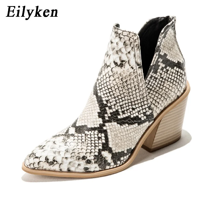 EilyKen Autumn Winter Casual Western Cowboy Ankle Boots Women Snake Cowgirl Booties Short Cossacks Botas High Heels Shoes