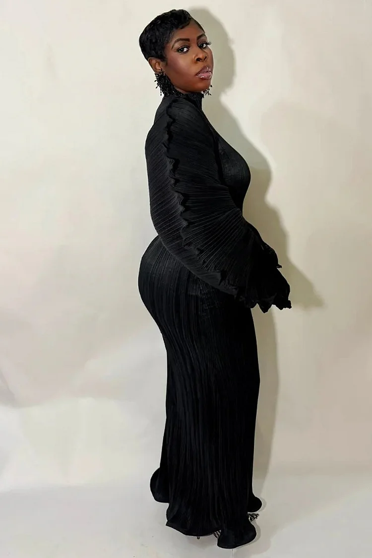 loragal black dress Deep V Halter Ruffle Bodycon Formal Party Maxi Dresses-Black