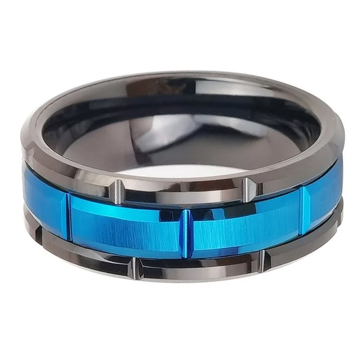 8MM Tungsten Carbide Irregular Groove Blue Middle Black Couple Bands Womens Or Mens