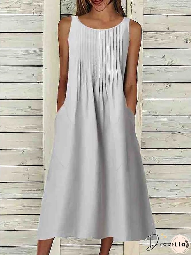 Casual Dress Midi Dress White Pink Gray Sleeveless Pure Color Ruched Spring Summer Crew Neck Casual S M L XL XXL 3XL for Women