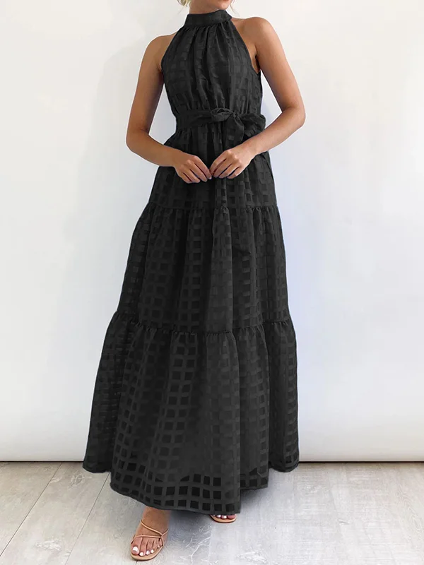 A-Line Flared Sleeves Abstract Printed Contrast Color Hollow Line Split-Joint Stand Collar Maxi Dresses main image 1