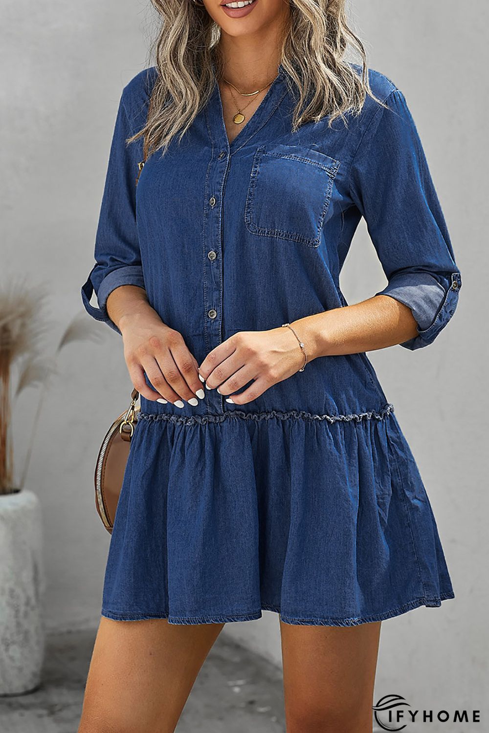 Pocketed Ruffled Denim Shirt Mini Dress | IFYHOME