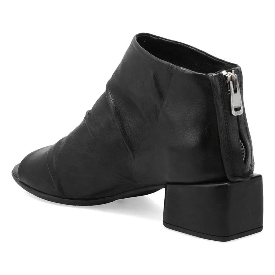 Women's Black Block Heel Wrinkled Peep Toe Booties with Zipper