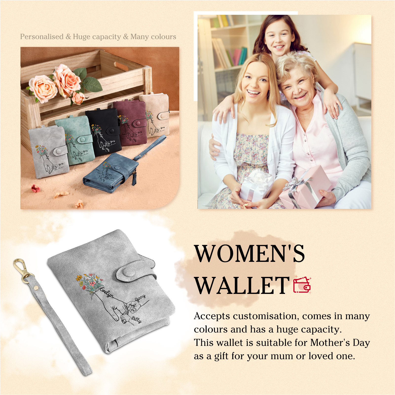 Portafoglio in PU pelle fiore mano con 3 nomi personalizzati per mamma/nonna