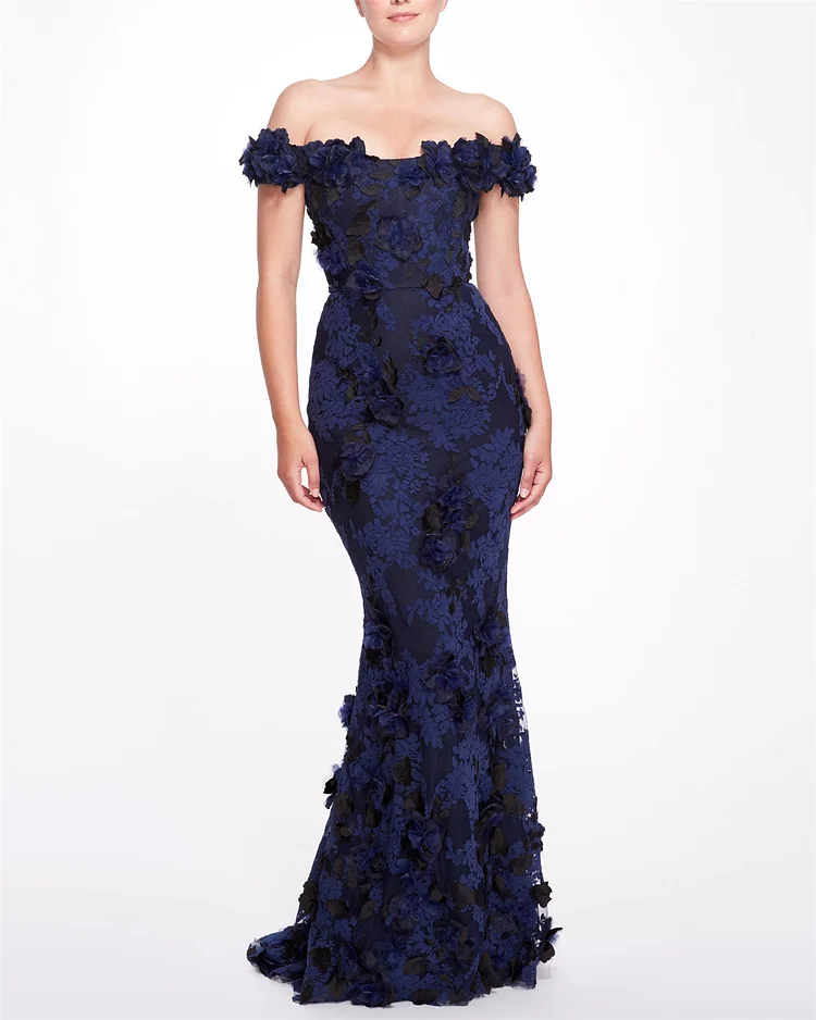 Women's Dark Blue Strapless Flower Embroidery Dress