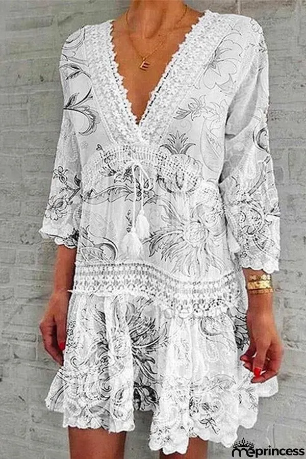 V Neck Lace Crochet Hollow Out Swing Dress