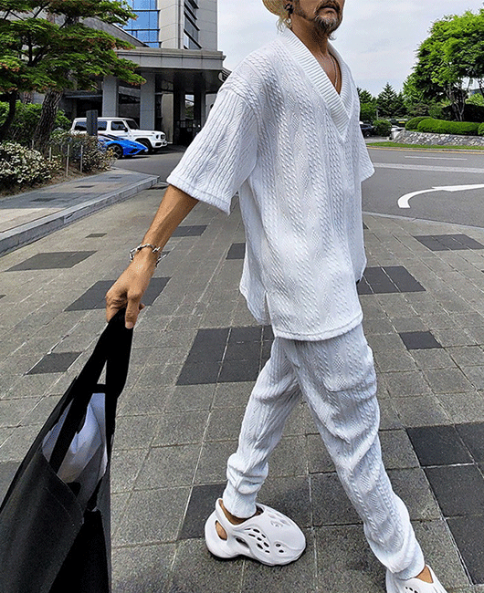 Casual Plain V Neck Half Sleeve Loose sweater & Drawstring Pants 2Pcs Set