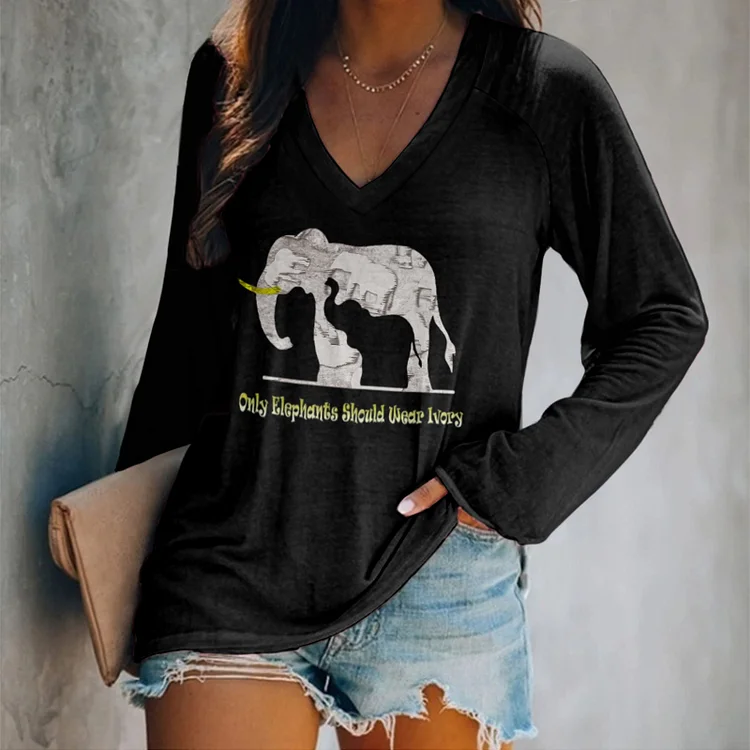 Comstylish Women's Only Elephants Should Wear Ivory Baby And Mama Print Long Sleeve Casual T-Shirt