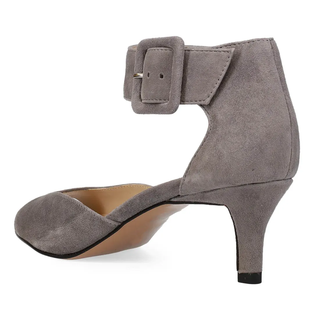 Grey Vegan Suede Peep-Toe Buckled Ankle Strap Kitten Heeled Sandals