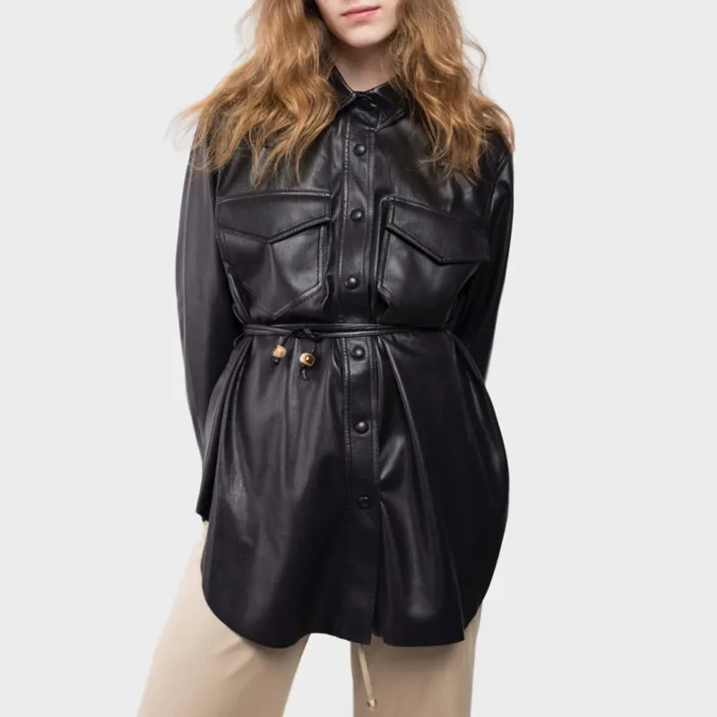 Niche artificial leather shirt women's single breasted drawstring long sleeve leather jacket-vocosishoes