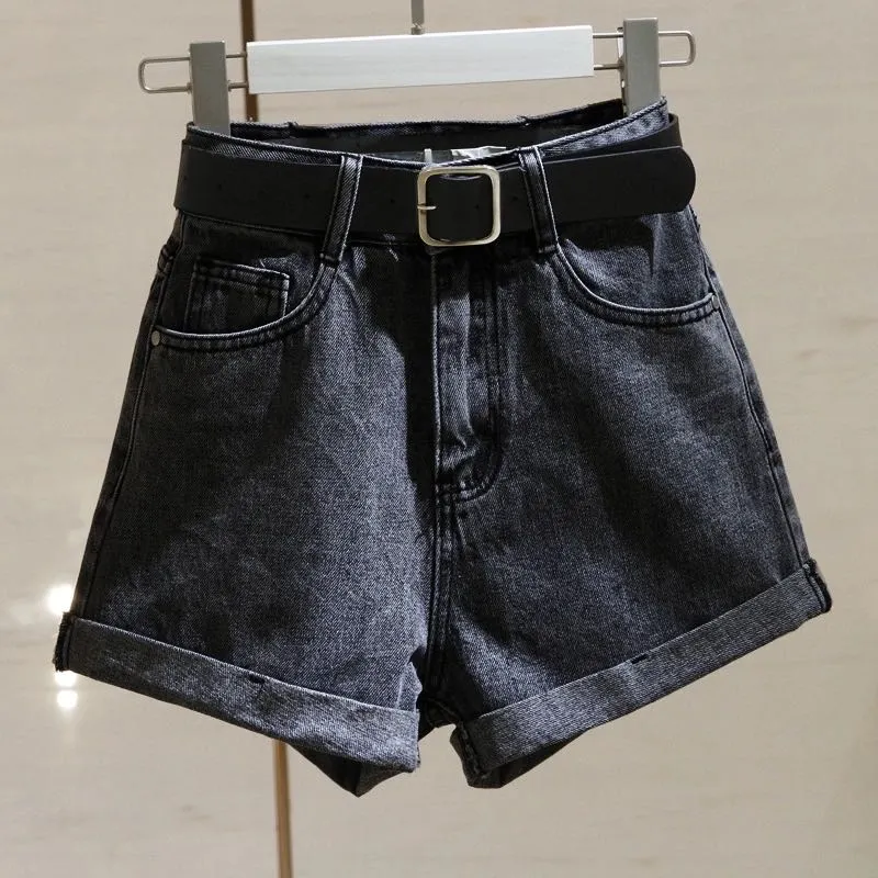 Ailegogo Streetwear High Waist Women Blue Denim Shorts With Belt Summer Casual Female Wide Leg  Size 2xl Jeans Shorts
