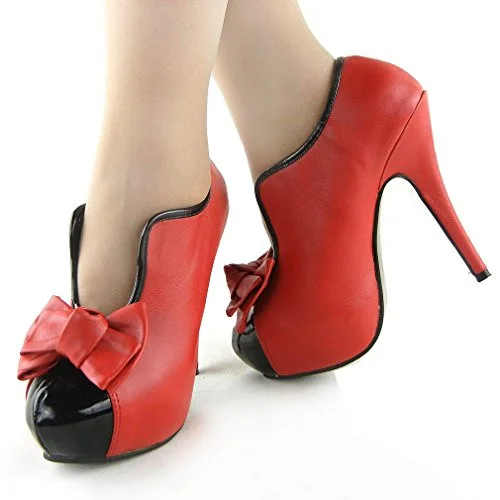 Red Vintage Heels Cutout Chunky Heel Platform Pumps With Bow |FSJ Shoes