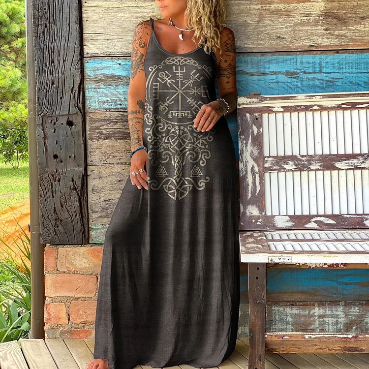 Retro Viking Totem Print Suspender Maxi Dress