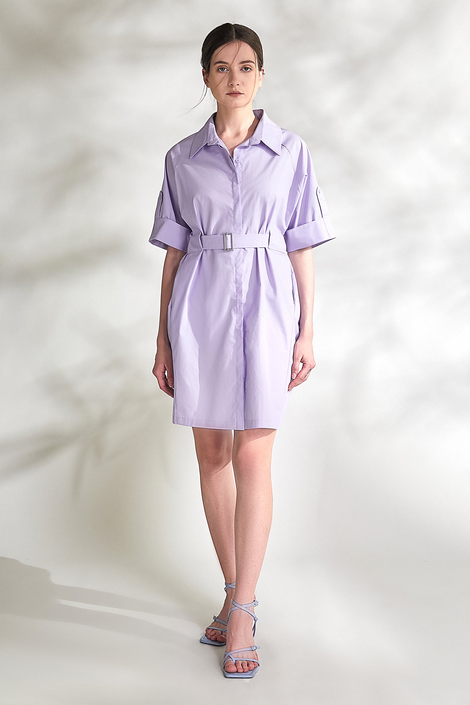 Lavender Belted Button Front Mini Shirt Dress  Women's Shirt Dresses