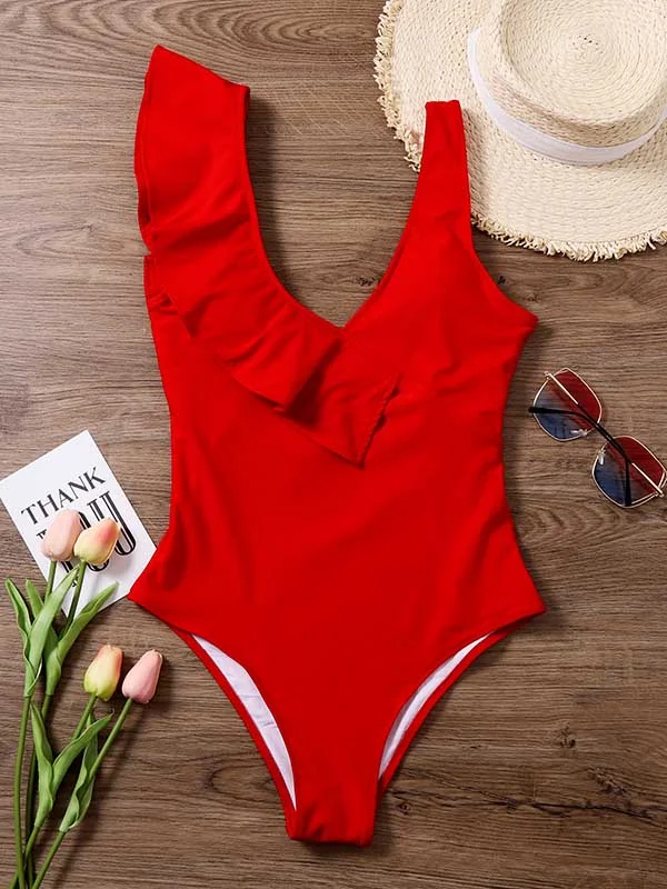Falbala Deep-V Simple One-Piece Swimwear