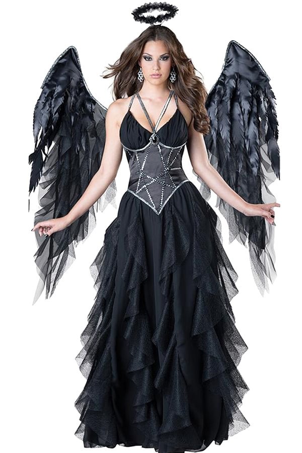 Sexy Fallen Dark Angle Adult Halloween Costume Black-elleschic