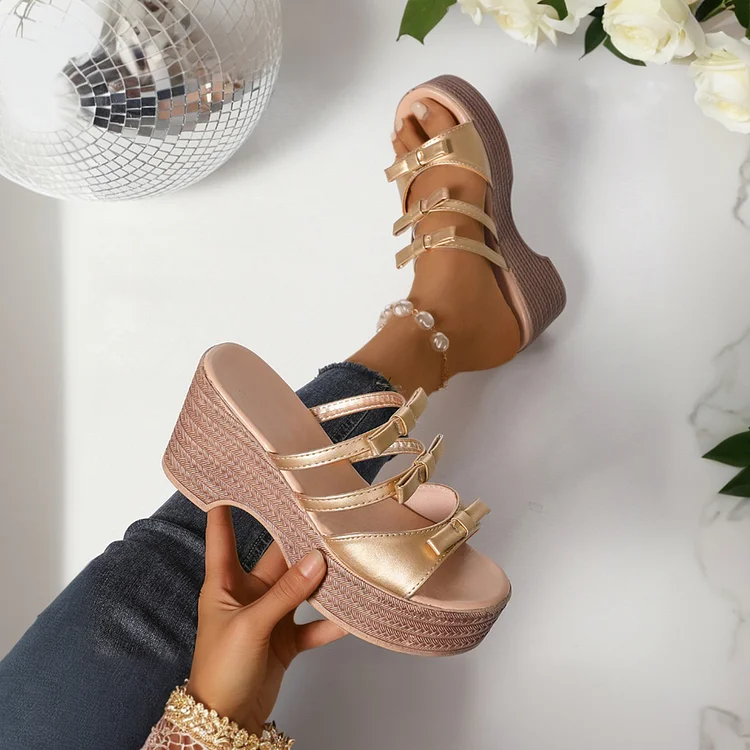 Bow Decor Solid Color Round Toe Casual Outdoor Wedge Slippers