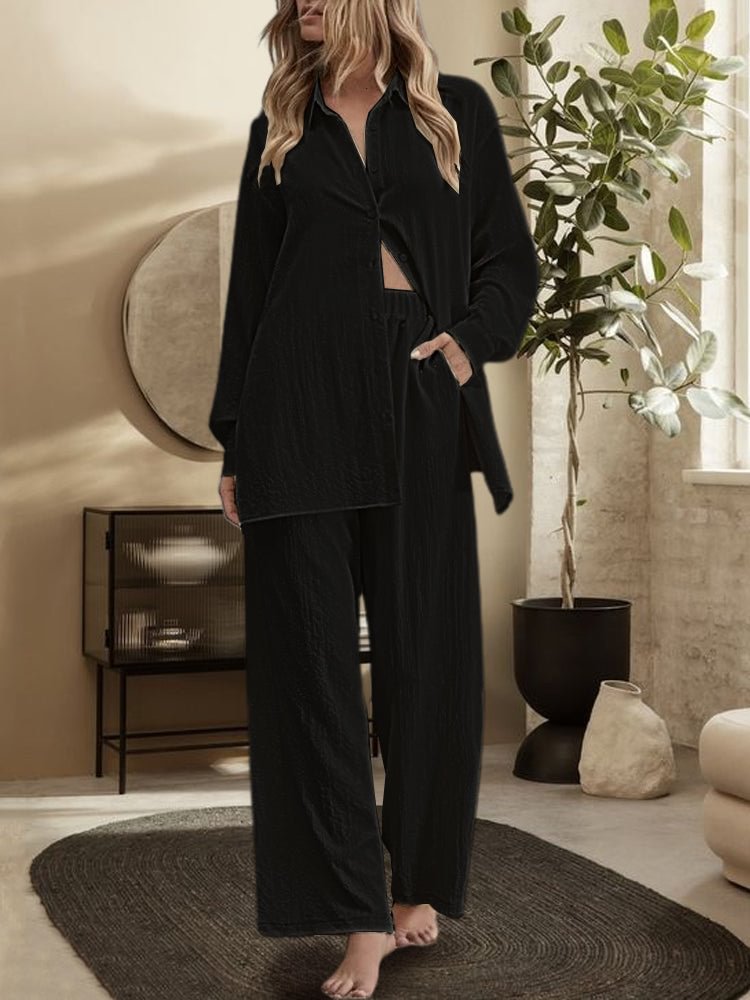 Cotton and Linen Long-sleeved Commuter Skin Tone Linen Solid Color Slit Tunic and Wide-leg Pants Set