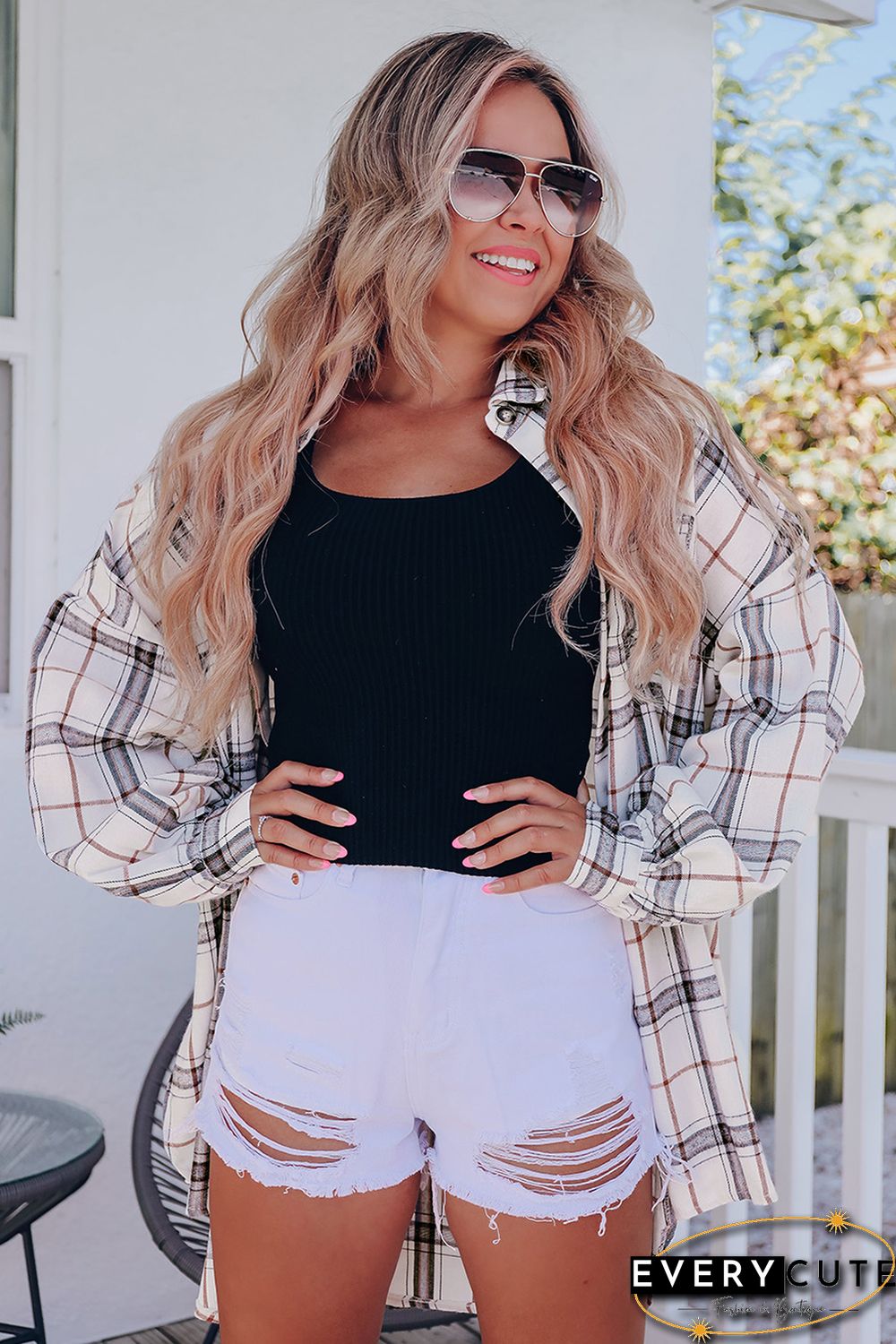 White Oversized Plaid Pattern Shacket with Slits