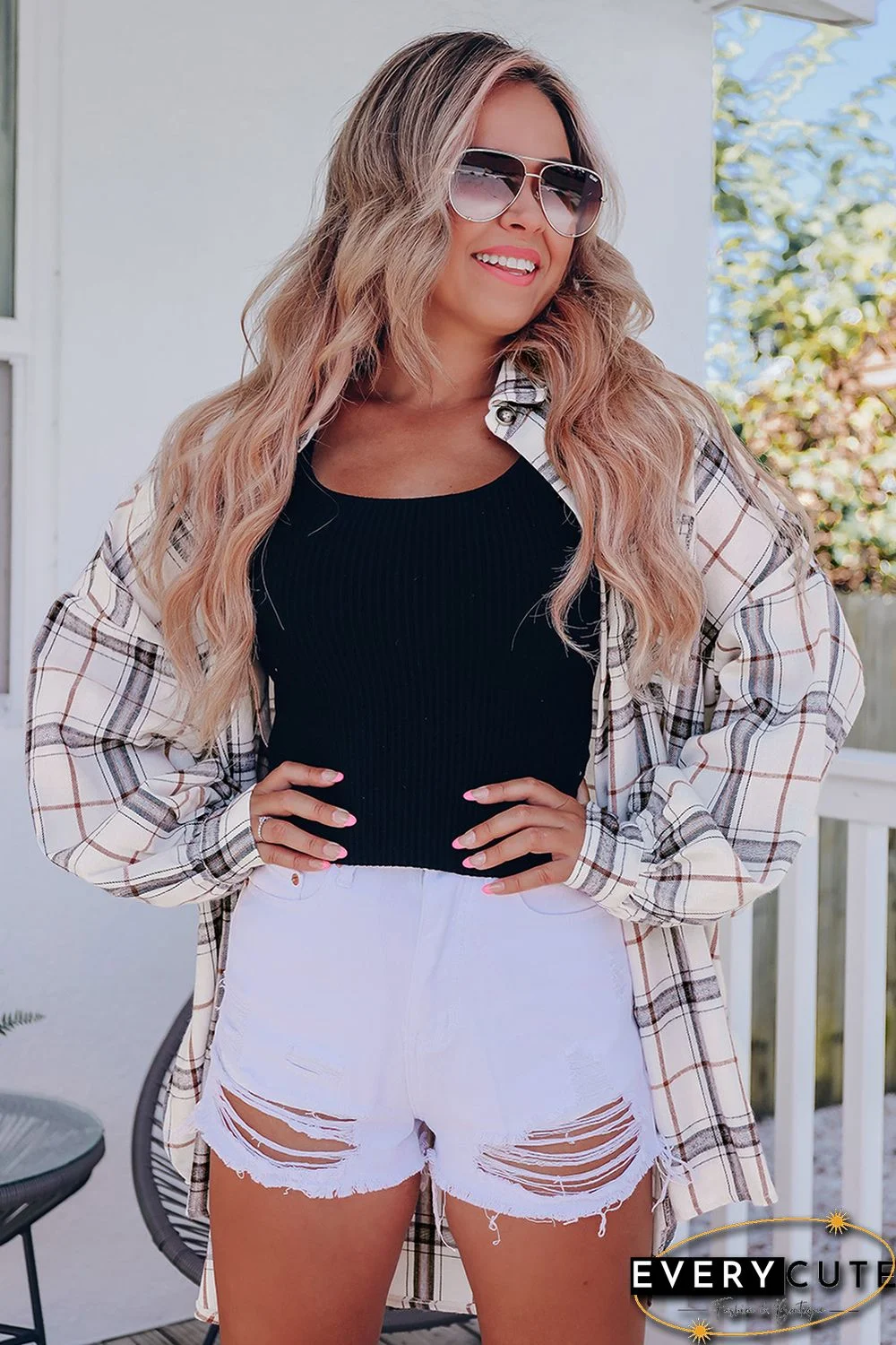 White Oversized Plaid Pattern Shacket with Slits