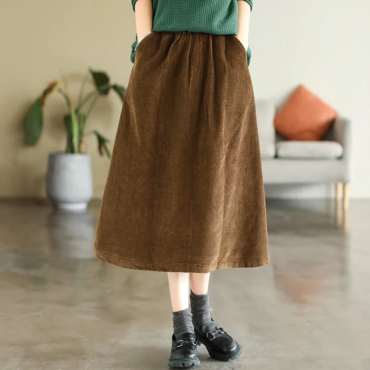 Autumn  Solid Corduroy Cotton A-Line Skirt