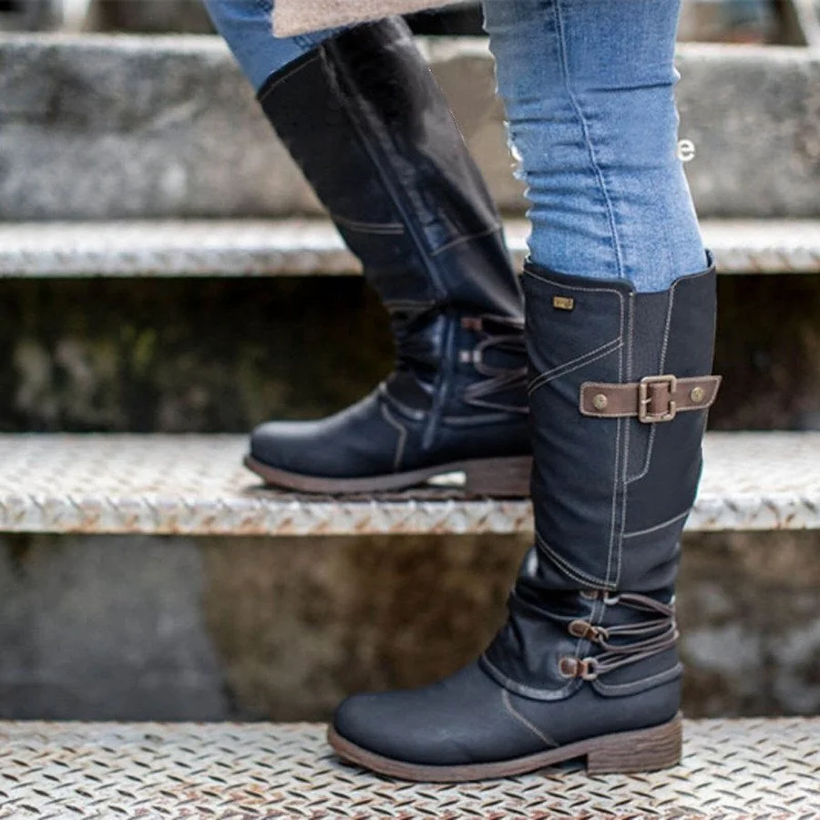 Women’s Leather Flat Heel Mid-Calf Zipper Boots