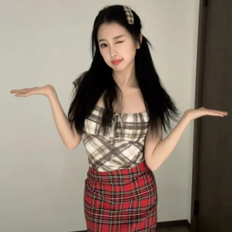 Uveng Uveng New Sexy Hot Girl Pleated Lace Bump Color Plaid Square Collar Slim Short-Sleeved T-Shirt Top