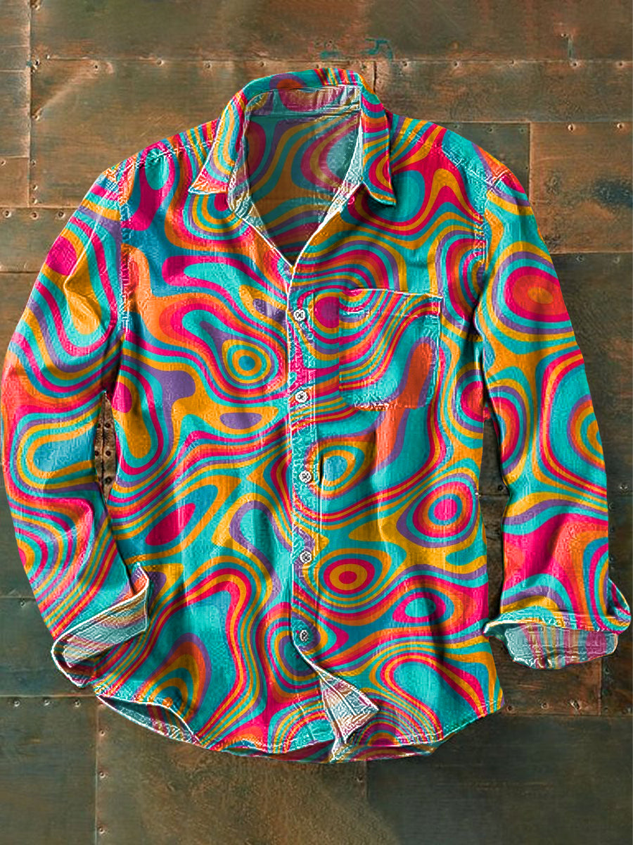 Men's Vintage Colorful Irregular Textured Art Print Lapel Long Sleeve Pocket Shirt