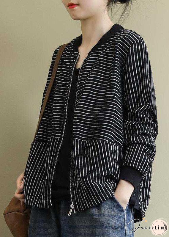 Street Black Striped zippered Pockets Fall Jacket Long sleeve