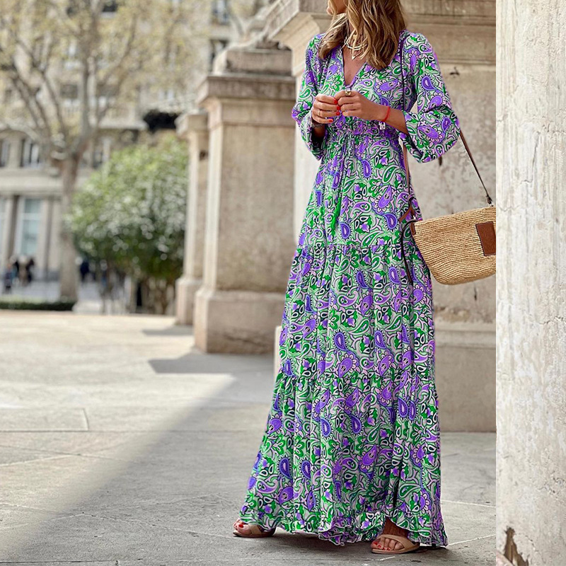 Rotimia V-neck Long-sleeves  Bohemian Dress