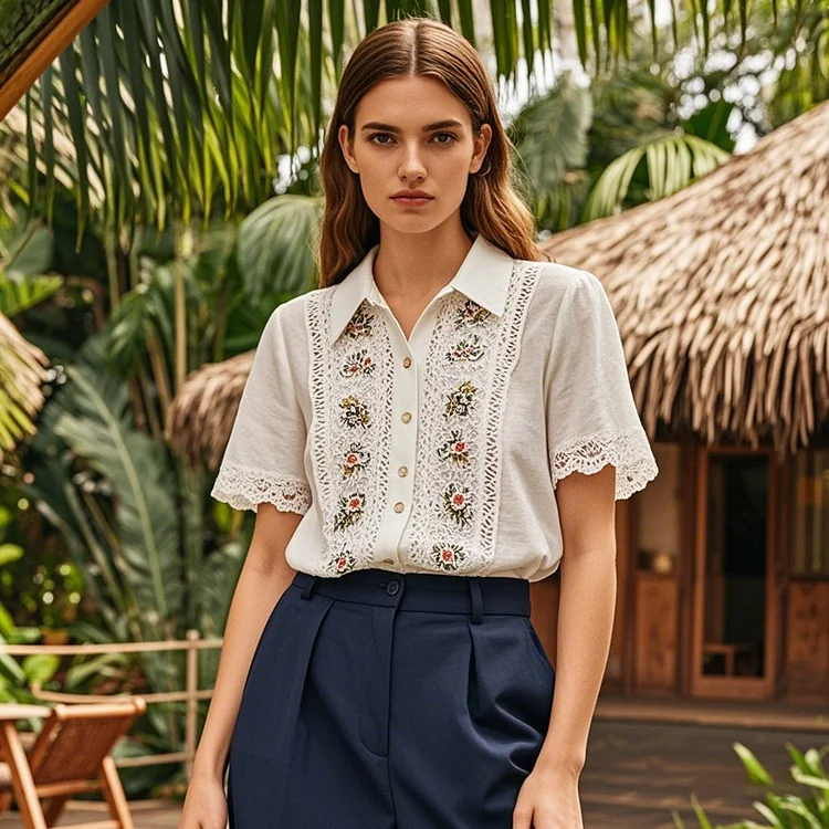 Elegant Lace Floral Embroidery Vintage Linen Blend Shirt