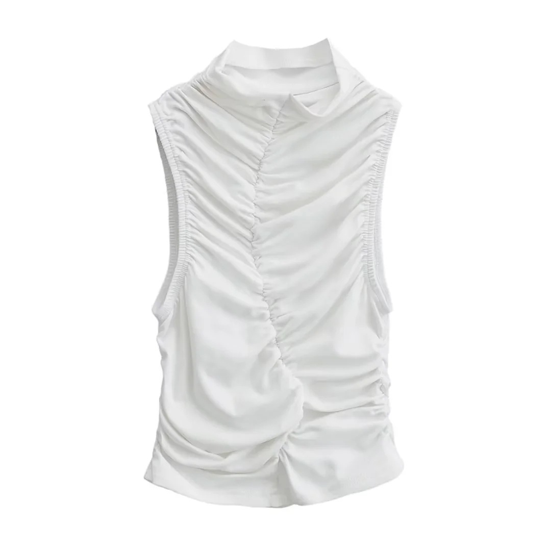 Huerhs 2025 Summer New Stand Collar Sleeveless Pleated Vest Women Solid Colid Slim Cinching Waist Casual Versatile Short Top YX6D