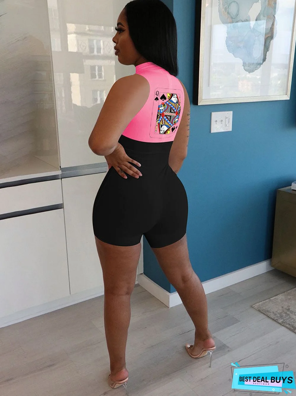 Plus Size Sleeveless Poker Patchwork Rompers