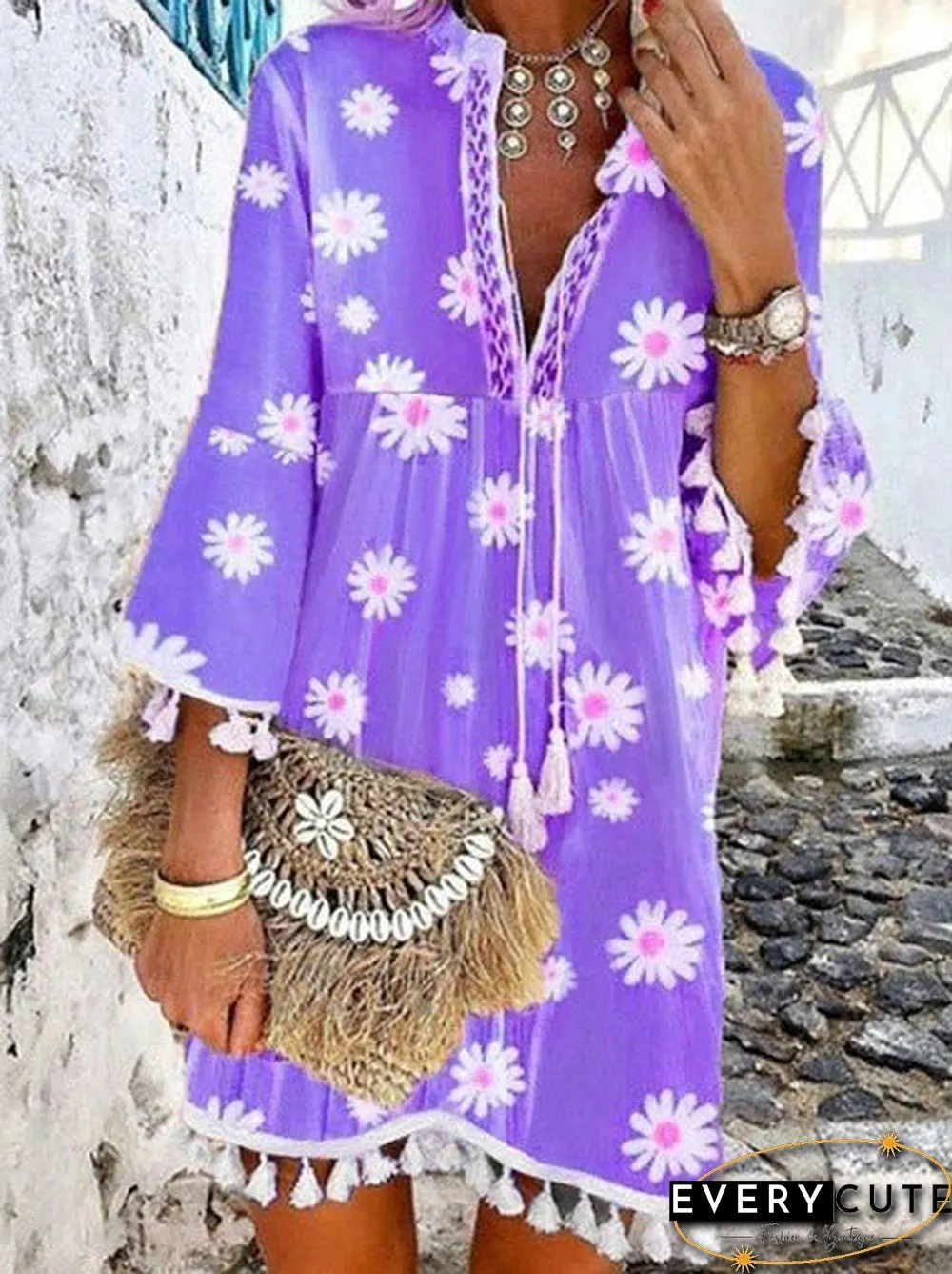 Women'S Dresses Daisy Print V-Neck Fringe Dress