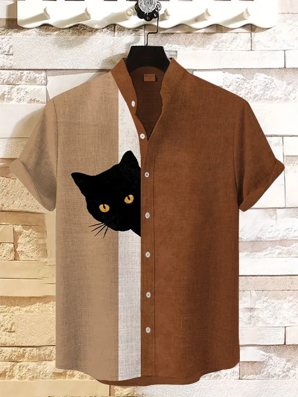 Men's Fun Hide And Seek Black Cat Print Linen Blend Shirt