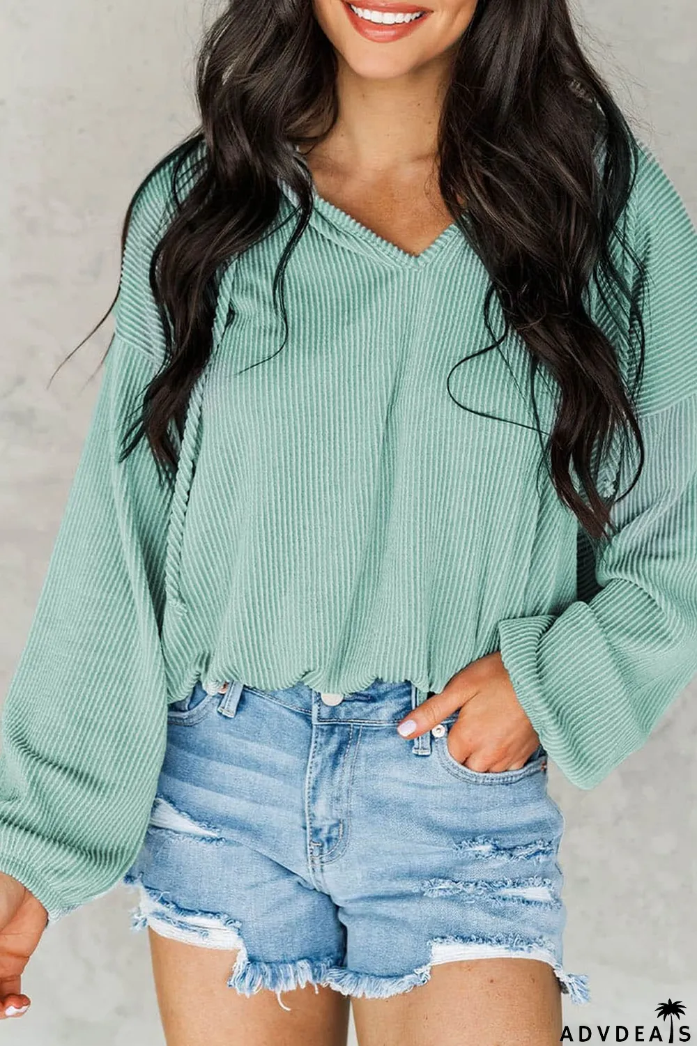 Green Loose Fit Ribbed V Neck Hoodie