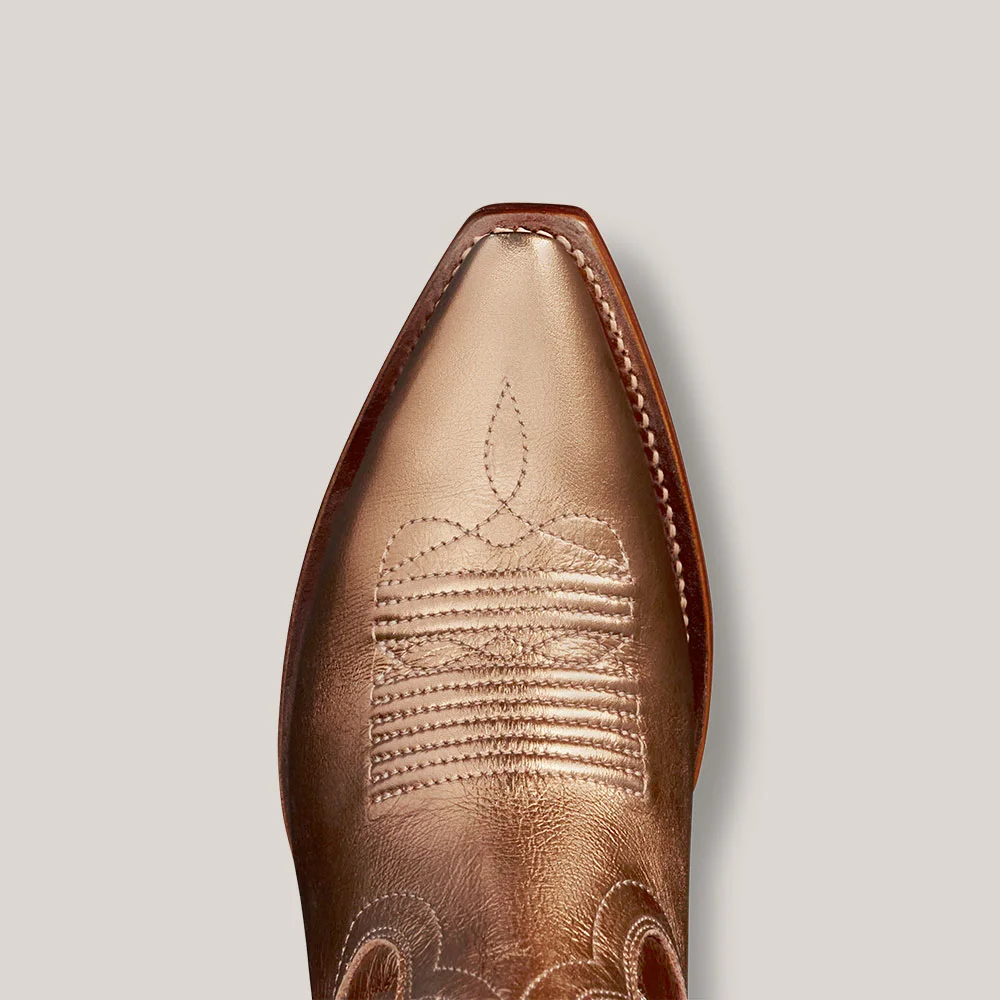 Gold Snip Toe Chunky Heel Pull Tab Western Boots with Embroidered