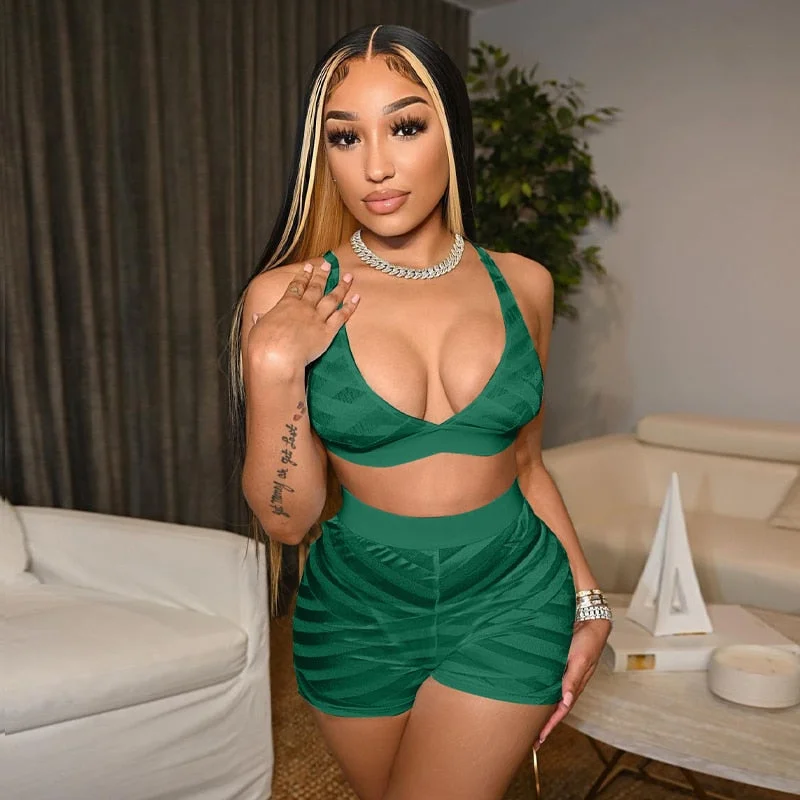 Hugcitar Mesh Stripe Patchwork Cute Crop Top  Mini Shorts 2 Pcs Matching Set 2022 Summer Sexy Bodycon Club Holiday Wear Y2K