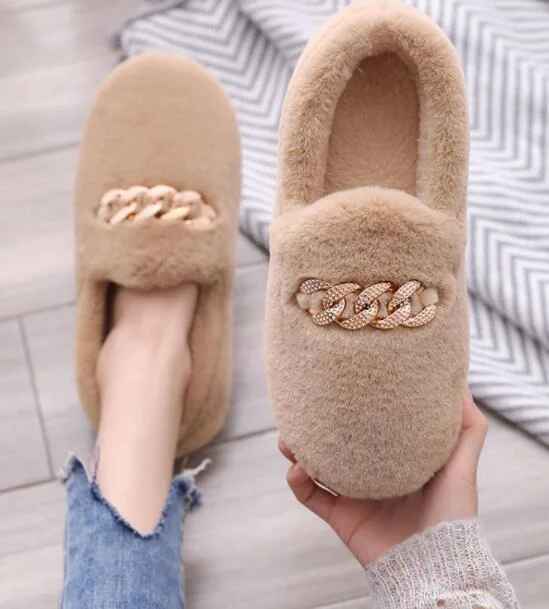 2020 Winter Fluffy Women Shoes Fashion Chain Warm Fur Flat Shoes Woman Indoor Slippers Causal Home Lady Shoes Platform Shoes