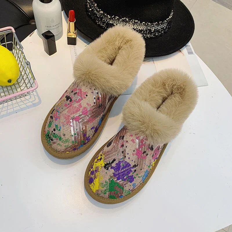 Women's student snow boots with color rhinestones and velvet thick cotton shoes flat comfortable snow boots