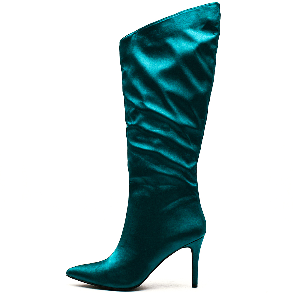 Dark Teal Satin Pointed Toe Elegant Stiletto Heel Tall Boots Nicepairs
