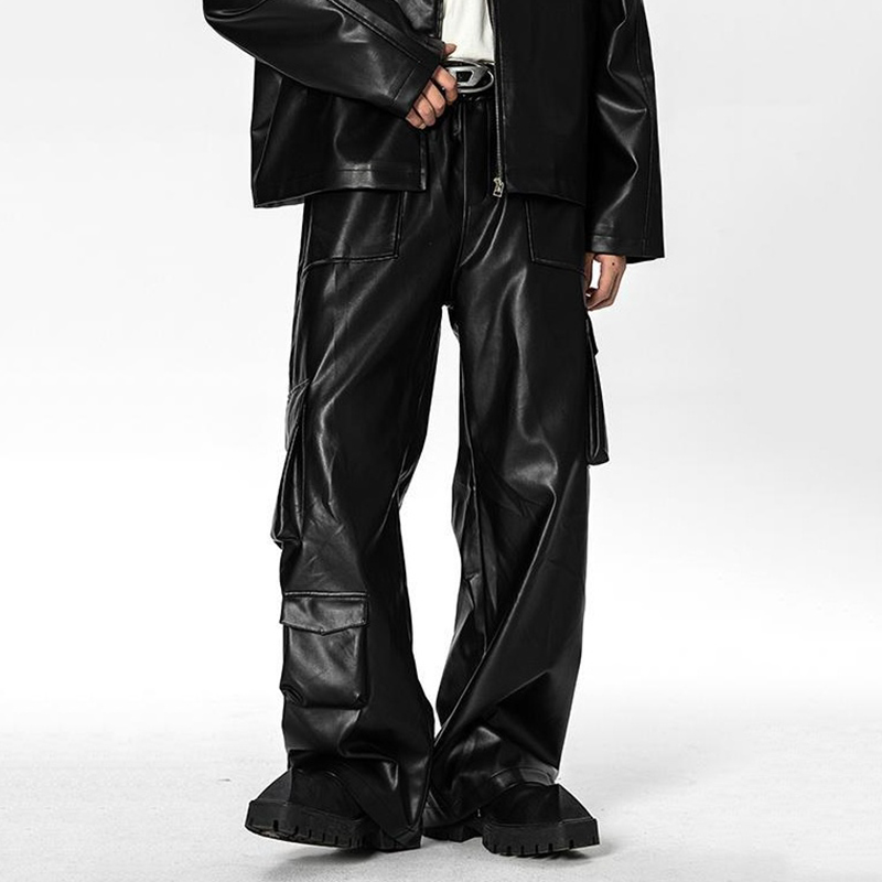 Sopula Fashion Street Leather Pants Wide Leg Workwear Punk Leather Pants - SOPULA