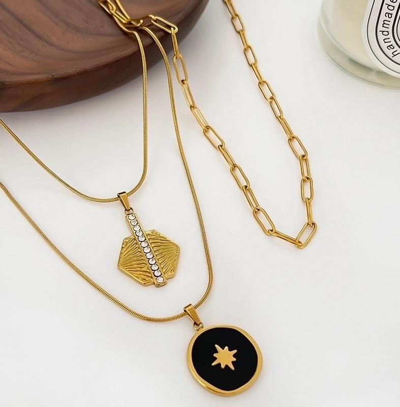 Nordic Style Retro Eight Awn Star Geometric 316L Stainless Steel  Rhinestones 18K Gold Plated Irregular Enamel Inlay Pendant Necklace