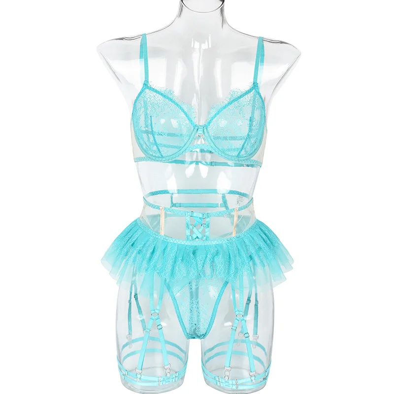 Billionm Lingerie Set Push Up Bra and Panty Sexy Intimate Womens Sex Underwear Three Pieces Mesh Sheer Lingere Lace Pink Bralette Costume