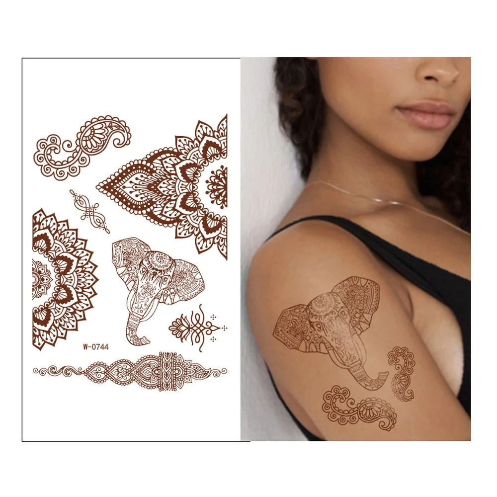 Henna Tattoo Sticker Temporary Brown Henna Chest Hand Lace Henna Mandala Flash Tattoos Sticker Body Art Arm Fake Tatoo Women Men