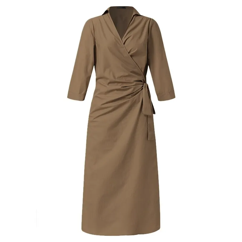 ZANZEA Elegant Women Lapel Neck 3/4 Sleeve Solid Mid-calf Dress Fashion Spring Lace Up Work Party Vestidos  OL Sundress