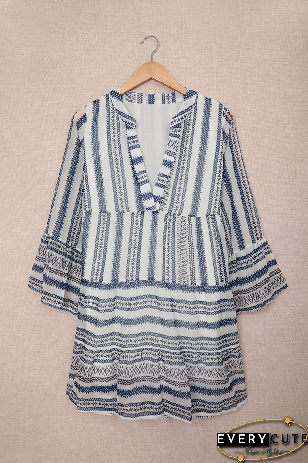 Sky Blue Geometric Print V neck Flare Half Sleeve Ruffle Swing Mini Dress