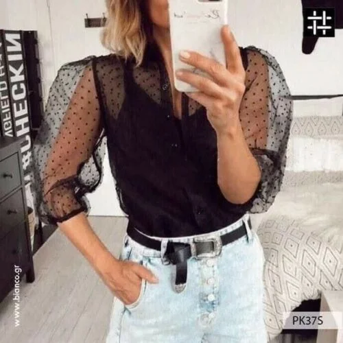 Hot Women Mesh Sheer Blouse See-through Long Sleeve Top Shirt Blouse Fashion Pearl Button Transparent White Shirt Female Blusas