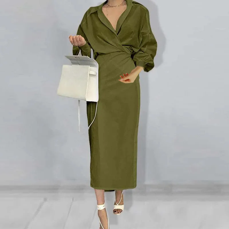 Brownm Brownm 2024 New Women's Wear Temperament Elegant Solid Color Long Sleeve Lapel Slim Dress 661